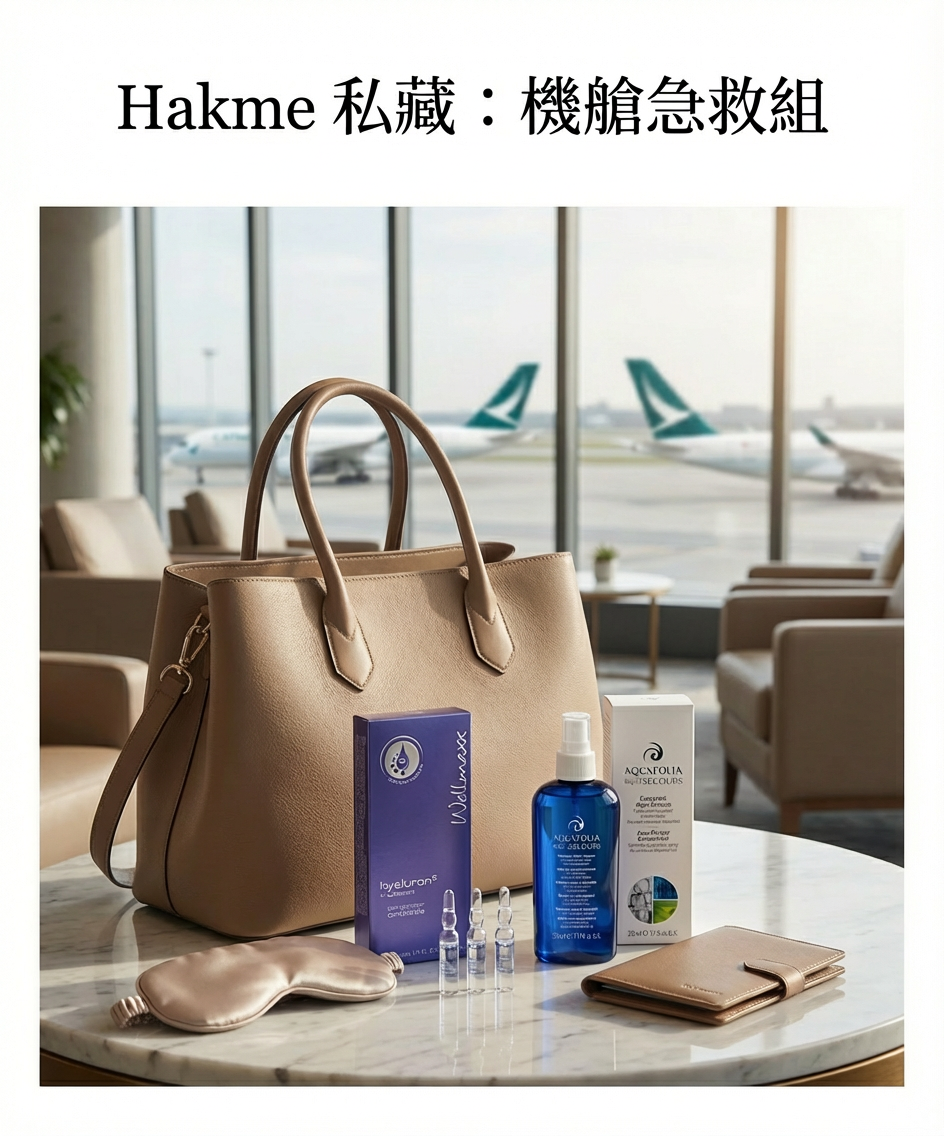 Hakme Beauty 機艙急救組 - Aquafolia 與 Wellmaxx 長途機保濕護膚組合,針對機艙乾燥缺水肌膚的旅遊必備保養品。