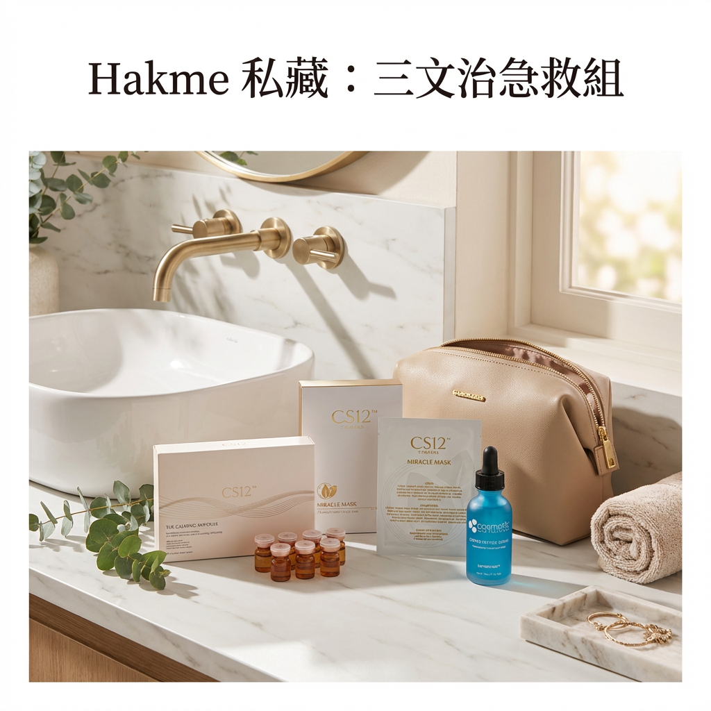 Hakme 私藏三文治急救組,包含藍銅胜肽精華、CS12 抗敏安瓶及奇蹟面膜,專為敏感肌及玫瑰痤瘡設計的急救套裝。