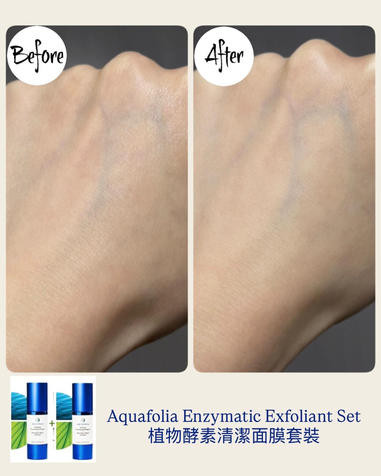Aquafolia 酵素清潔面膜手部實測對比：只需 5 分鐘，溫和去除表層老化角質。使用後皮膚即時變得細滑透亮 (剝殼雞蛋肌)，不乾澀不泛紅。